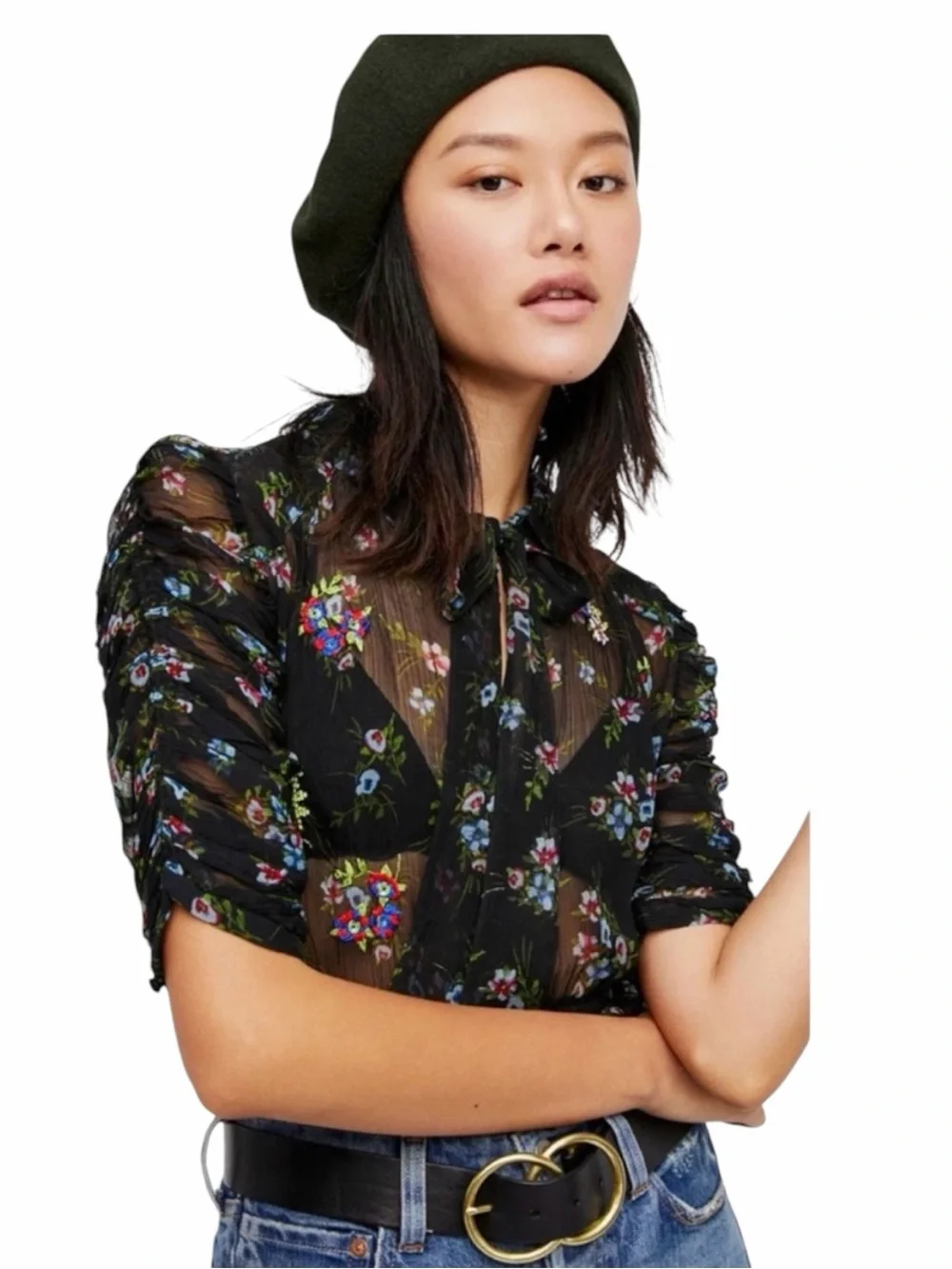 Free People Sheer Black Floral Tie-Neck Blouse beaded and embroidered size small